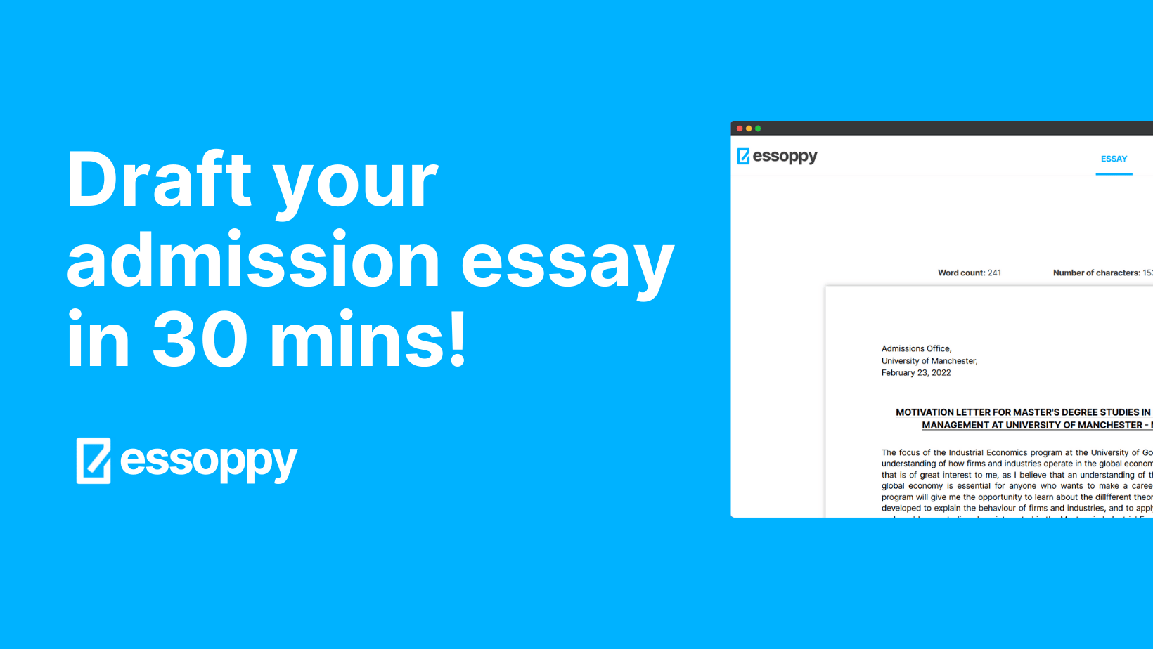 Essoppy | Draft your admission essays in 30 mins!